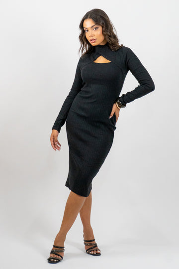 Valenne – Μαύρο Midi Φόρεμα με Cut-Out Λαιμό